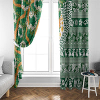 Hawaiian Plumeria Lei Window Curtain Kakau Motifs and Palaka Half Style Green Color - Polynesian Pride