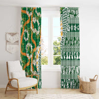 Hawaiian Plumeria Lei Window Curtain Kakau Motifs and Palaka Half Style Green Color - Polynesian Pride