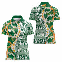 Hawaiian Plumeria Lei Women Polo Shirt Kakau Motifs and Palaka Half Style Green Color - Polynesian Pride