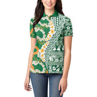 Hawaiian Plumeria Lei Women Polo Shirt Kakau Motifs and Palaka Half Style Green Color - Polynesian Pride