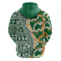 Hawaiian Plumeria Lei Zip Hoodie Kakau Motifs and Palaka Half Style Green Color - Polynesian Pride