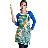 Hawaiian Plumeria Lei Apron Kakau Motifs and Palaka Half Style Turquoise Color - Polynesian Pride