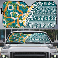 Hawaiian Plumeria Lei Auto Sun Shade Kakau Motifs and Palaka Half Style Turquoise Color LT03 Turquoise - Polynesian Pride