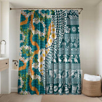 Hawaiian Plumeria Lei Bathroom Set Kakau Motifs and Palaka Half Style Turquoise Color LT03 Shower Curtain Only Turquoise - Polynesian Pride