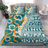 Hawaiian Plumeria Lei Bedding Set Kakau Motifs and Palaka Half Style Turquoise Color - Polynesian Pride