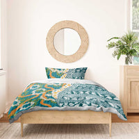 Hawaiian Plumeria Lei Bedding Set Kakau Motifs and Palaka Half Style Turquoise Color - Polynesian Pride