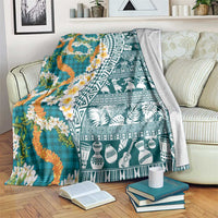 Hawaiian Plumeria Lei Blanket Kakau Motifs and Palaka Half Style Turquoise Color - Polynesian Pride