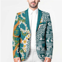 Hawaiian Plumeria Lei Blazer Kakau Motifs and Palaka Half Style Turquoise Color - Polynesian Pride