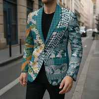Hawaiian Plumeria Lei Blazer Kakau Motifs and Palaka Half Style Turquoise Color - Polynesian Pride