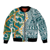 Hawaiian Plumeria Lei Bomber Jacket Kakau Motifs and Palaka Half Style Turquoise Color - Polynesian Pride