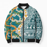 Hawaiian Plumeria Lei Bomber Puffer Jacket Kakau Motifs and Palaka Half Style Turquoise Color LT03 Unisex Turquoise - Polynesian Pride
