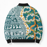 Hawaiian Plumeria Lei Bomber Puffer Jacket Kakau Motifs and Palaka Half Style Turquoise Color LT03 - Polynesian Pride