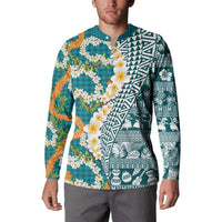 Hawaiian Plumeria Lei Button Sweatshirt Kakau Motifs and Palaka Half Style Turquoise Color LT03 - Polynesian Pride