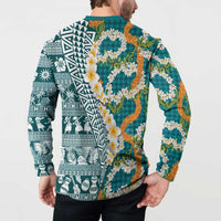 Hawaiian Plumeria Lei Button Sweatshirt Kakau Motifs and Palaka Half Style Turquoise Color LT03 - Polynesian Pride