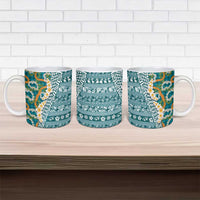 Hawaiian Plumeria Lei Ceramic Mug Kakau Motifs and Palaka Half Style Turquoise Color LT03 - Polynesian Pride