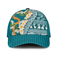 Hawaiian Plumeria Lei Classic Cap Kakau Motifs and Palaka Half Style Turquoise Color LT03 Universal Fit Turquoise - Polynesian Pride