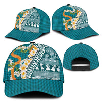 Hawaiian Plumeria Lei Classic Cap Kakau Motifs and Palaka Half Style Turquoise Color LT03 - Polynesian Pride