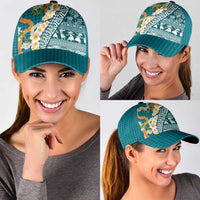 Hawaiian Plumeria Lei Classic Cap Kakau Motifs and Palaka Half Style Turquoise Color LT03 - Polynesian Pride