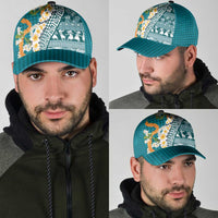 Hawaiian Plumeria Lei Classic Cap Kakau Motifs and Palaka Half Style Turquoise Color LT03 - Polynesian Pride