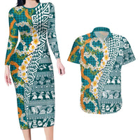 Hawaiian Plumeria Lei Couples Matching Long Sleeve Bodycon Dress and Hawaiian Shirt Kakau Motifs and Palaka Half Style Turquoise Color - Polynesian Pride