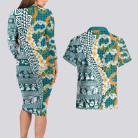 Hawaiian Plumeria Lei Couples Matching Long Sleeve Bodycon Dress and Hawaiian Shirt Kakau Motifs and Palaka Half Style Turquoise Color - Polynesian Pride