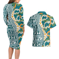 Hawaiian Plumeria Lei Couples Matching Long Sleeve Bodycon Dress and Hawaiian Shirt Kakau Motifs and Palaka Half Style Turquoise Color - Polynesian Pride