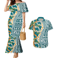Hawaiian Plumeria Lei Couples Matching Mermaid Dress and Hawaiian Shirt Kakau Motifs and Palaka Half Style Turquoise Color - Polynesian Pride