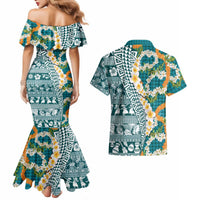 Hawaiian Plumeria Lei Couples Matching Mermaid Dress and Hawaiian Shirt Kakau Motifs and Palaka Half Style Turquoise Color - Polynesian Pride
