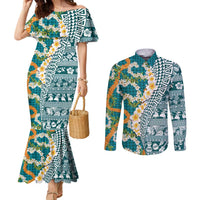 Hawaiian Plumeria Lei Couples Matching Mermaid Dress and Long Sleeve Button Shirt Kakau Motifs and Palaka Half Style Turquoise Color - Polynesian Pride