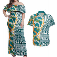 Hawaiian Plumeria Lei Couples Matching Off Shoulder Maxi Dress and Hawaiian Shirt Kakau Motifs and Palaka Half Style Turquoise Color - Polynesian Pride