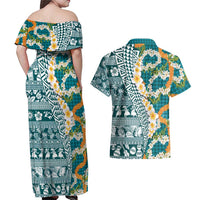 Hawaiian Plumeria Lei Couples Matching Off Shoulder Maxi Dress and Hawaiian Shirt Kakau Motifs and Palaka Half Style Turquoise Color - Polynesian Pride