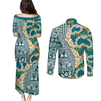 Hawaiian Plumeria Lei Couples Matching Puletasi and Long Sleeve Button Shirt Kakau Motifs and Palaka Half Style Turquoise Color - Polynesian Pride