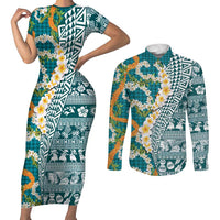 Hawaiian Plumeria Lei Couples Matching Short Sleeve Bodycon Dress and Long Sleeve Button Shirt Kakau Motifs and Palaka Half Style Turquoise Color - Polynesian Pride