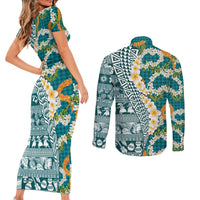 Hawaiian Plumeria Lei Couples Matching Short Sleeve Bodycon Dress and Long Sleeve Button Shirt Kakau Motifs and Palaka Half Style Turquoise Color - Polynesian Pride