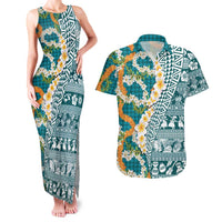 Hawaiian Plumeria Lei Couples Matching Tank Maxi Dress and Hawaiian Shirt Kakau Motifs and Palaka Half Style Turquoise Color - Polynesian Pride