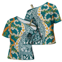 Hawaiian Plumeria Lei Cross Shoulder Shirt Kakau Motifs and Palaka Half Style Turquoise Color - Polynesian Pride