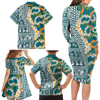 Hawaiian Plumeria Lei Family Matching Long Sleeve Bodycon Dress and Hawaiian Shirt Kakau Motifs and Palaka Half Style Turquoise Color - Polynesian Pride