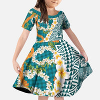 Hawaiian Plumeria Lei Family Matching Off Shoulder Maxi Dress and Hawaiian Shirt Kakau Motifs and Palaka Half Style Turquoise Color - Polynesian Pride