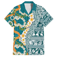 Hawaiian Plumeria Lei Family Matching Off Shoulder Maxi Dress and Hawaiian Shirt Kakau Motifs and Palaka Half Style Turquoise Color - Polynesian Pride