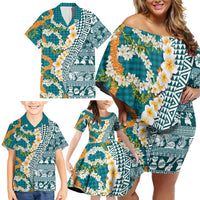 Hawaiian Plumeria Lei Family Matching Off Shoulder Short Dress and Hawaiian Shirt Kakau Motifs and Palaka Half Style Turquoise Color - Polynesian Pride