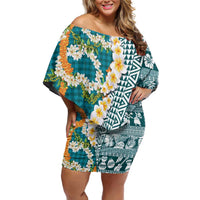 Hawaiian Plumeria Lei Family Matching Off Shoulder Short Dress and Hawaiian Shirt Kakau Motifs and Palaka Half Style Turquoise Color - Polynesian Pride