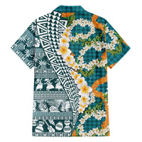 Hawaiian Plumeria Lei Family Matching Puletasi and Hawaiian Shirt Kakau Motifs and Palaka Half Style Turquoise Color - Polynesian Pride