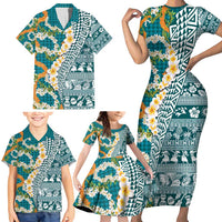 Hawaiian Plumeria Lei Family Matching Short Sleeve Bodycon Dress and Hawaiian Shirt Kakau Motifs and Palaka Half Style Turquoise Color - Polynesian Pride