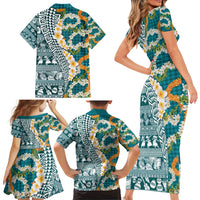 Hawaiian Plumeria Lei Family Matching Short Sleeve Bodycon Dress and Hawaiian Shirt Kakau Motifs and Palaka Half Style Turquoise Color - Polynesian Pride