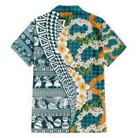 Hawaiian Plumeria Lei Family Matching Short Sleeve Bodycon Dress and Hawaiian Shirt Kakau Motifs and Palaka Half Style Turquoise Color - Polynesian Pride