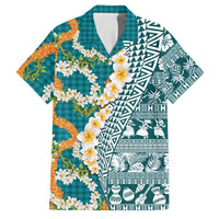 Hawaiian Plumeria Lei Family Matching Summer Maxi Dress and Hawaiian Shirt Kakau Motifs and Palaka Half Style Turquoise Color - Polynesian Pride