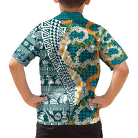 Hawaiian Plumeria Lei Family Matching Tank Maxi Dress and Hawaiian Shirt Kakau Motifs and Palaka Half Style Turquoise Color - Polynesian Pride
