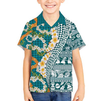 Hawaiian Plumeria Lei Family Matching Tank Maxi Dress and Hawaiian Shirt Kakau Motifs and Palaka Half Style Turquoise Color - Polynesian Pride