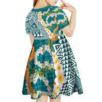 Hawaiian Plumeria Lei Kid Short Sleeve Dress Kakau Motifs and Palaka Half Style Turquoise Color - Polynesian Pride
