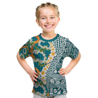 Hawaiian Plumeria Lei Kid T Shirt Kakau Motifs and Palaka Half Style Turquoise Color - Polynesian Pride
